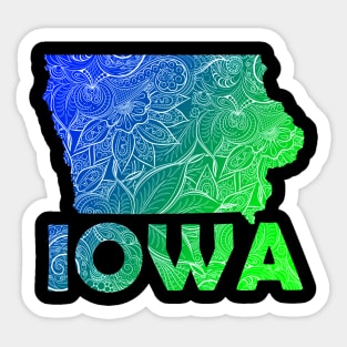 Colorful mandala art map of Iowa with text in blue and green Sticker